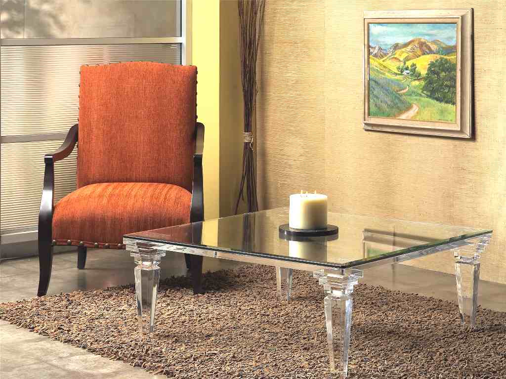 living room with acrylic coffee table